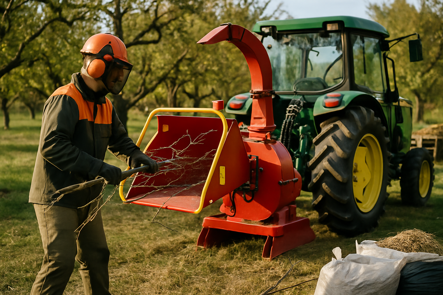 Tocator tractat într-o livadă pentru reciclare resturi tocate, operator în echipament de protecție