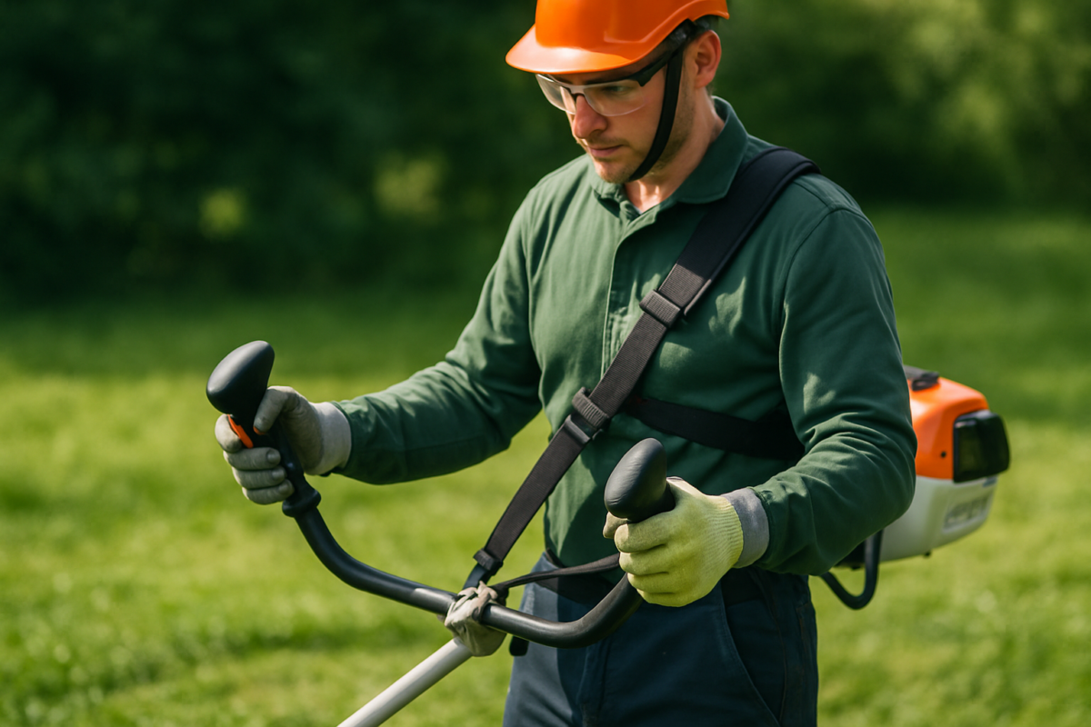 Operator cu motocoasă demonstrând reducere vibrații motocoasă prin mânere antivibrație și curea ergonomică