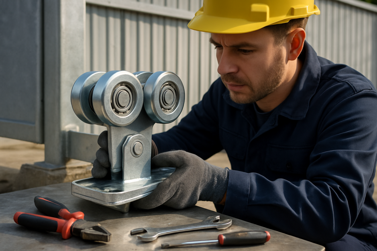 Montaj role porți batante heavy duty cu rulmenți și ghidaje pentru poartă industrială