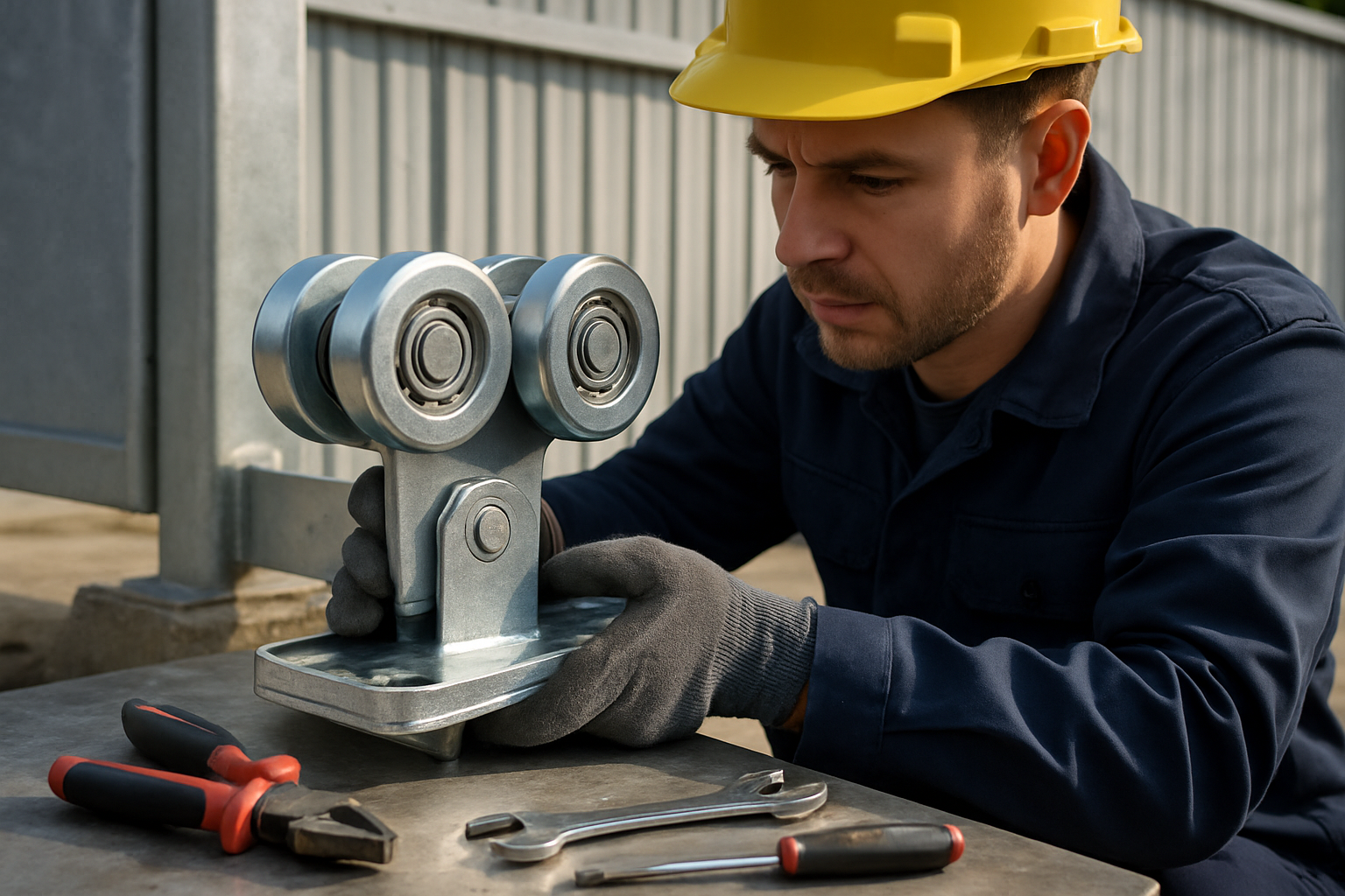 Montaj role porți batante heavy duty cu rulmenți și ghidaje pentru poartă industrială