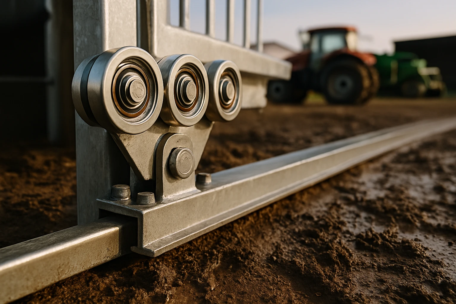 role porți culisante heavy duty montate pe o șină la o fermă