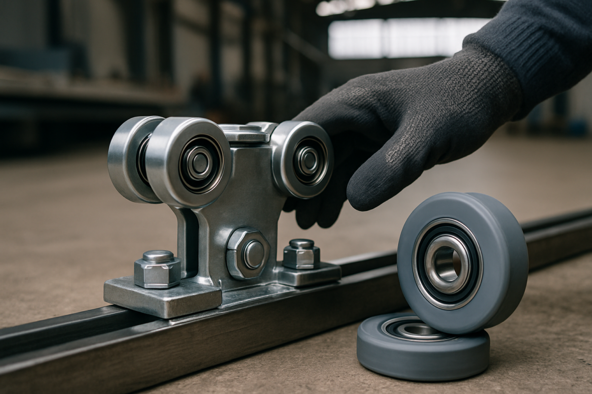 Inspecție cărucior și role porți culisante industriale montate pe șină