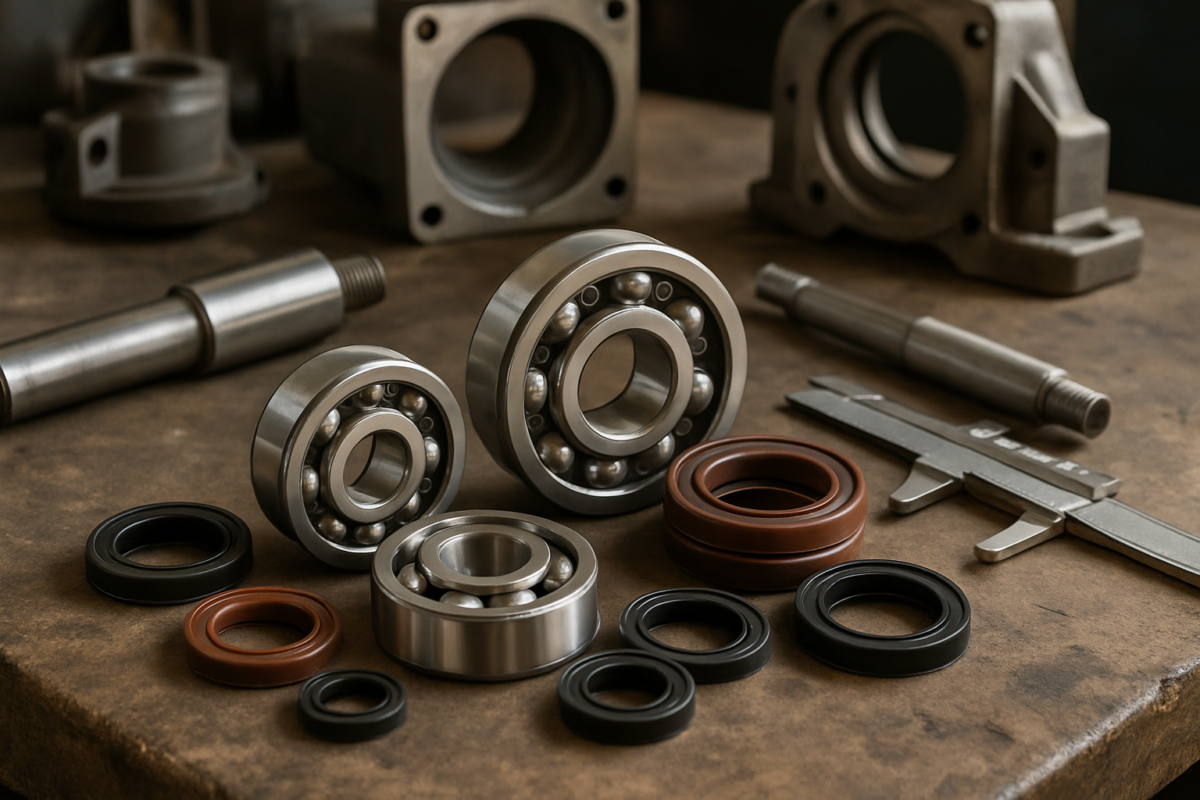 kit rulmenți moară cereale pe masă de atelier cu simeringuri și instrumente