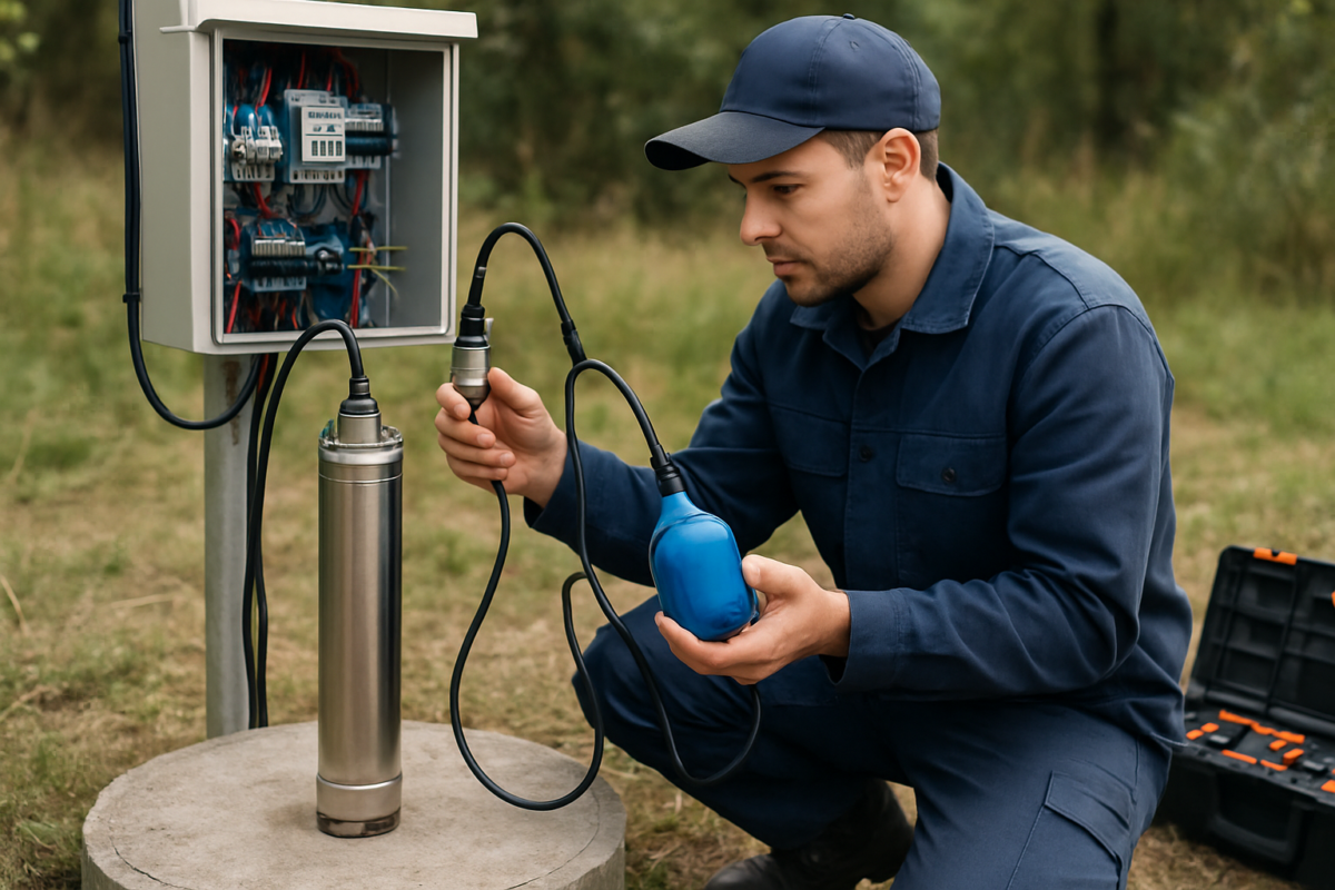 Tehnician montând senzori nivel puț pentru o pompa submersibila intr-un put adanc