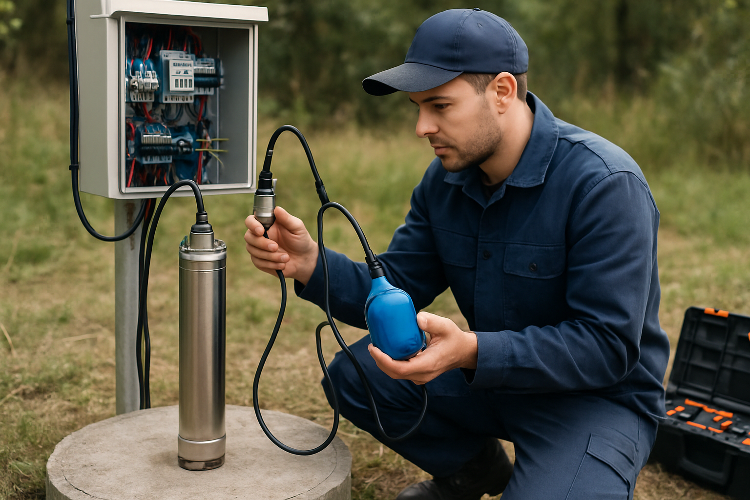 Tehnician montând senzori nivel puț pentru o pompa submersibila intr-un put adanc