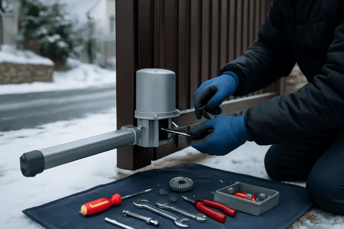 tehnician verificand siguranță automatizări porți iarnă la o poartă batantă automată