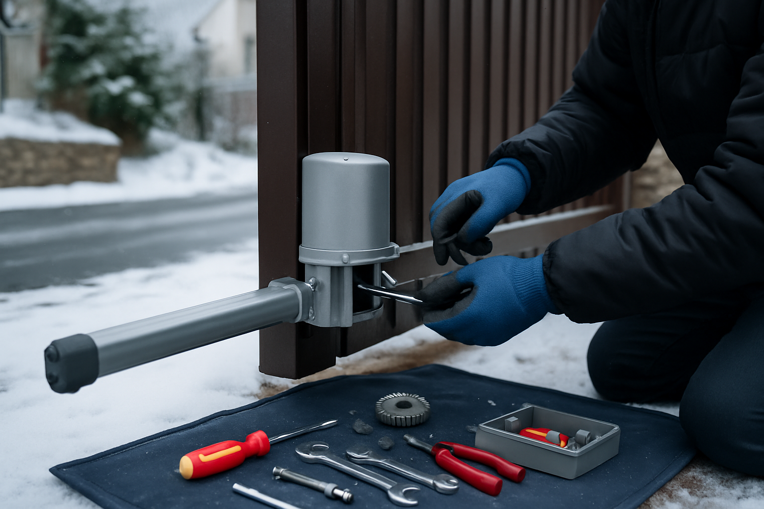 tehnician verificand siguranță automatizări porți iarnă la o poartă batantă automată