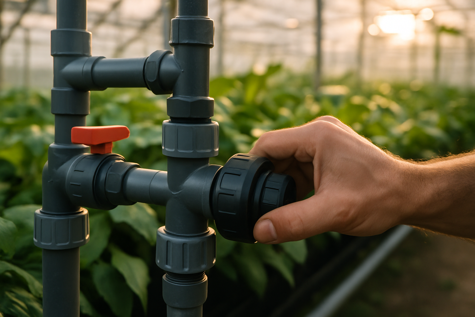 Instalație cu supape pentru fertilizare lichidă și fitinguri rezistente la îngrășăminte, supapă cu bilă montată