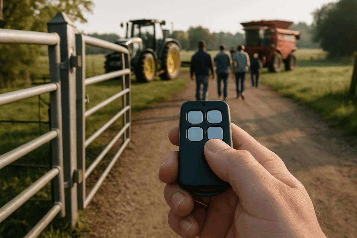 Telecomandă porți ferme în mâna unui operator lângă o poartă de fermă, telecomandă porți ferme evidențiată