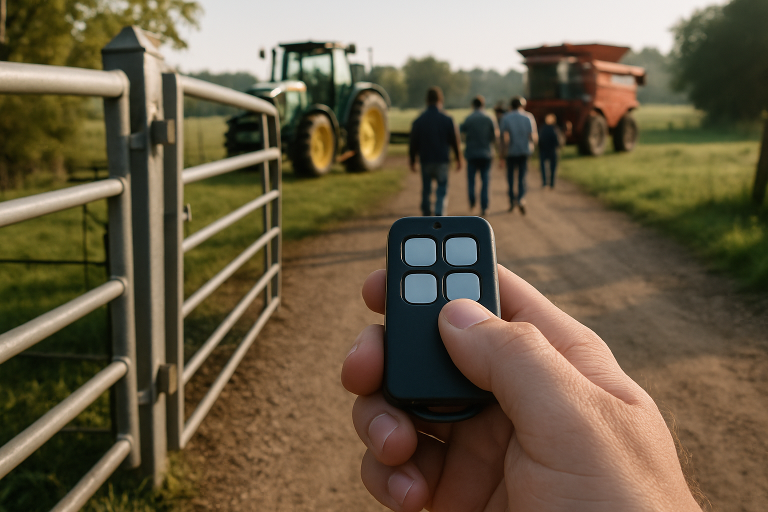 Telecomandă porți ferme în mâna unui operator lângă o poartă de fermă, telecomandă porți ferme evidențiată