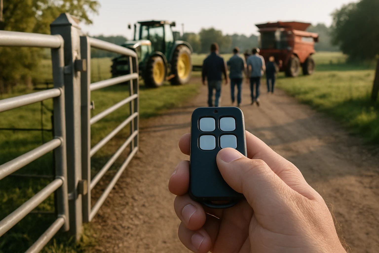 Telecomandă porți ferme în mâna unui operator lângă o poartă de fermă, telecomandă porți ferme evidențiată