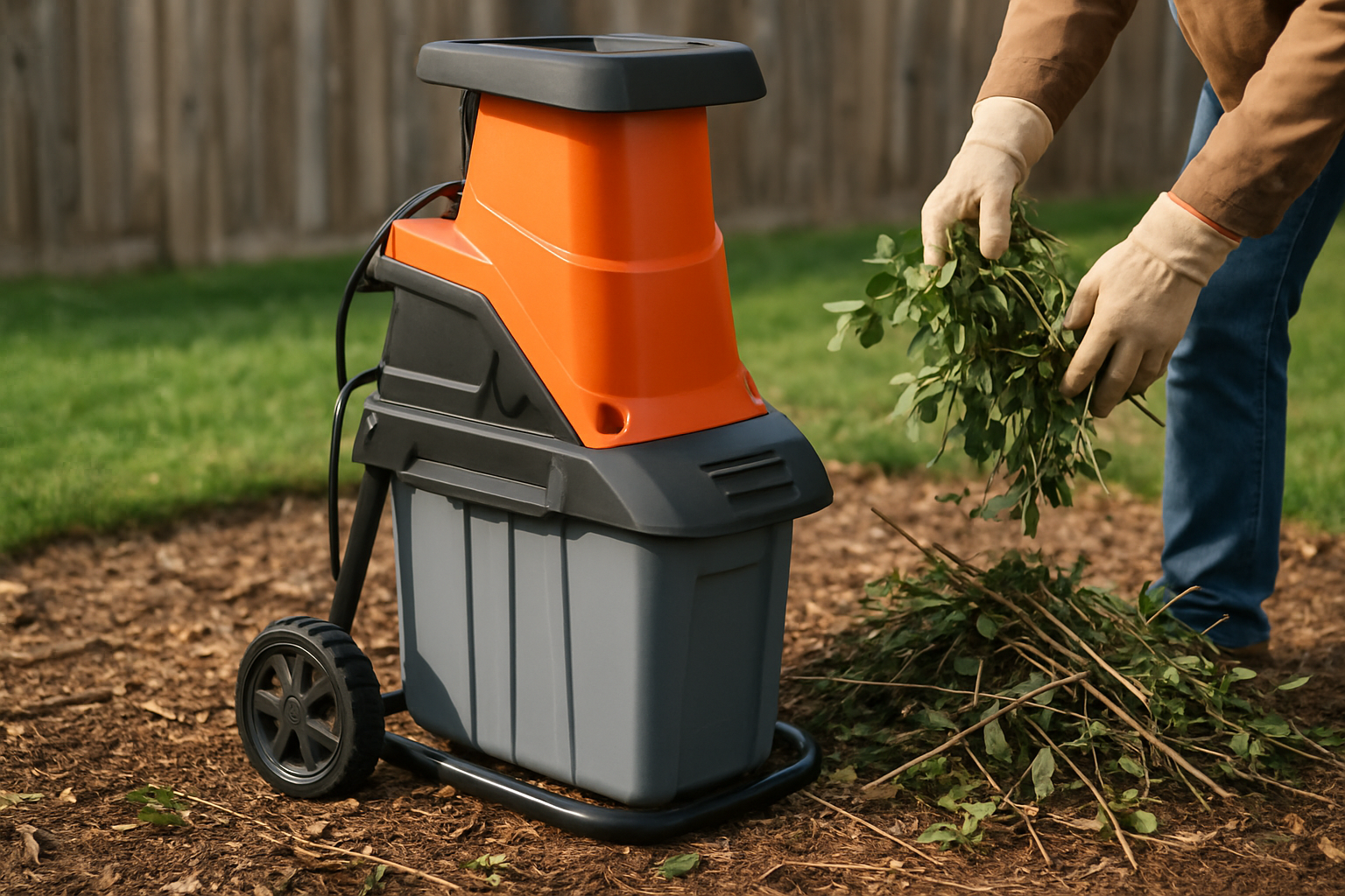Tocător compost casnic compact în curte, pregătit pentru tocare resturi vegetale