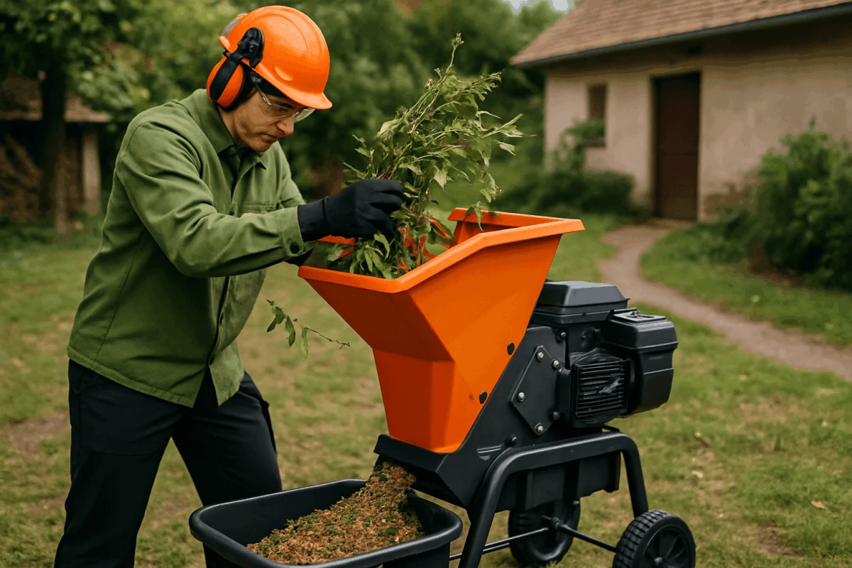 tocător compost gospodărie procesând ramuri și frunze, detaliu cu cuțitele și motorul