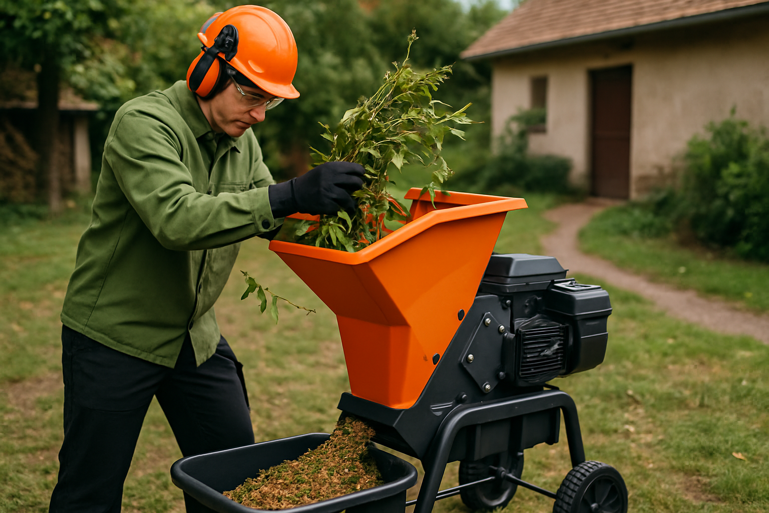 tocător compost gospodărie procesând ramuri și frunze, detaliu cu cuțitele și motorul