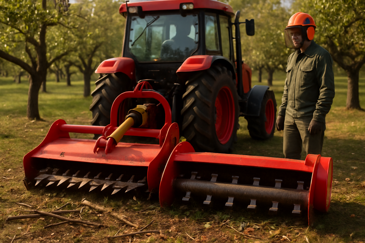 Comparatie tocător cuțite vs ciocane montat pe tractor în livadă