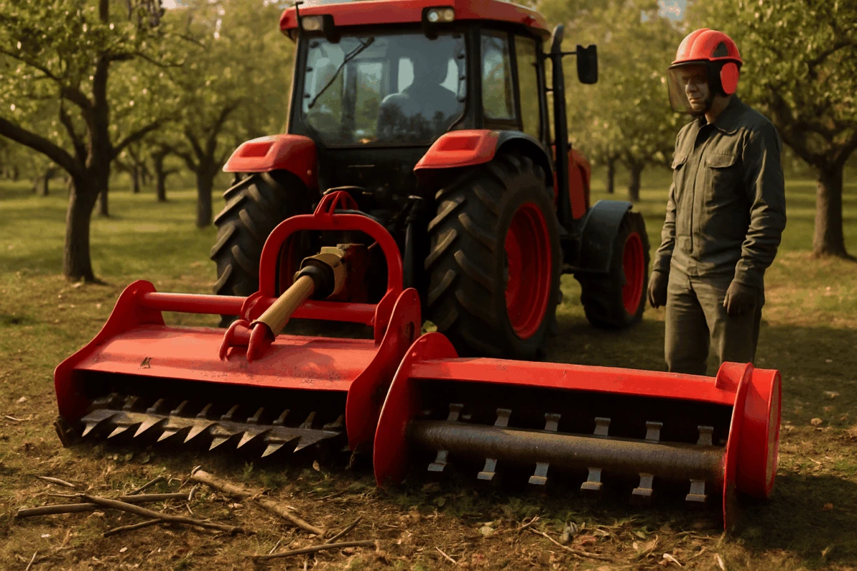Comparatie tocător cuțite vs ciocane montat pe tractor în livadă