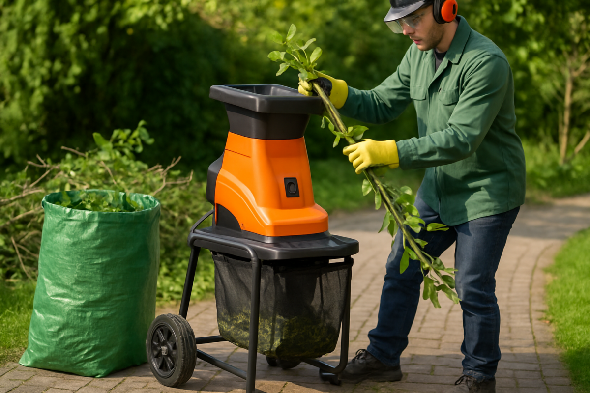 Tocător electric gospodărie lângă sac cu resturi vegetale, utilizator alimentează aparat