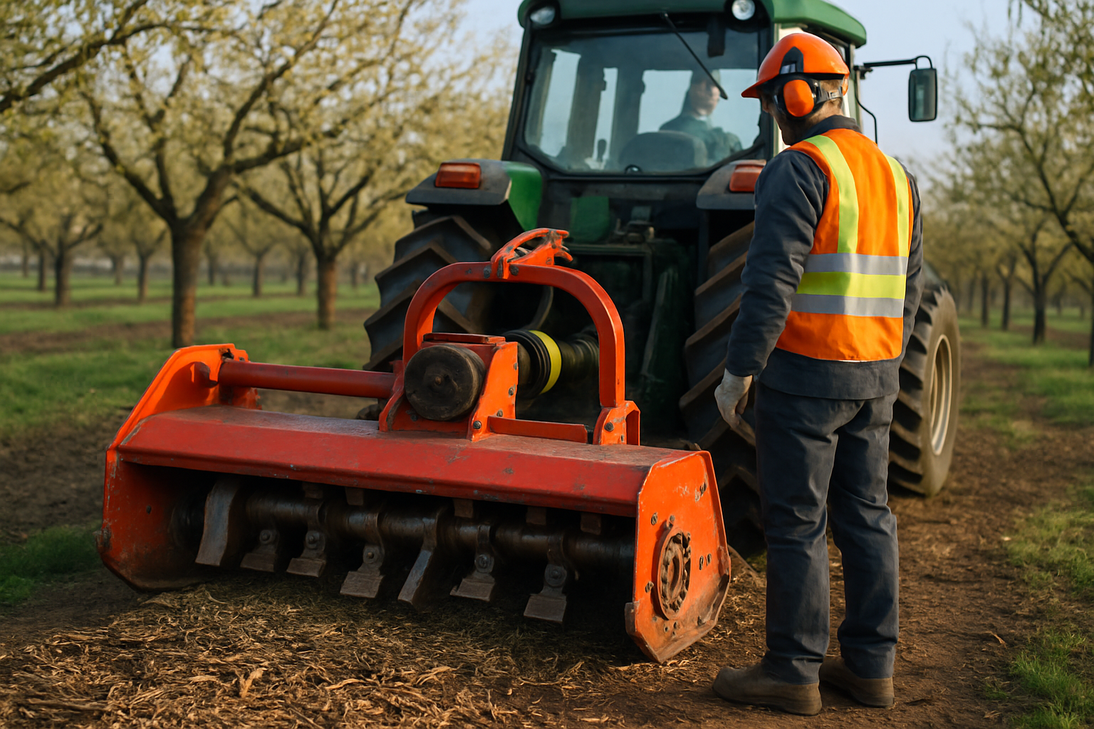 Tocător livezi montat la tractor, vizibil cuțite și ciocane pentru tocarea crengilor