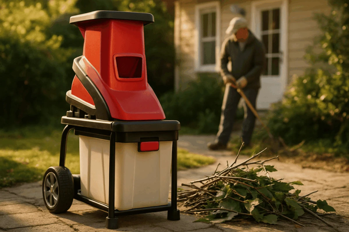 Tocător pentru compostare electric compact lângă crengi și frunze