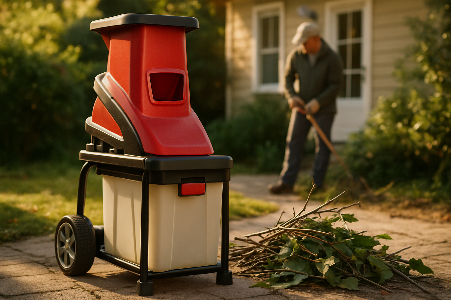 Tocător pentru compostare electric compact lângă crengi și frunze