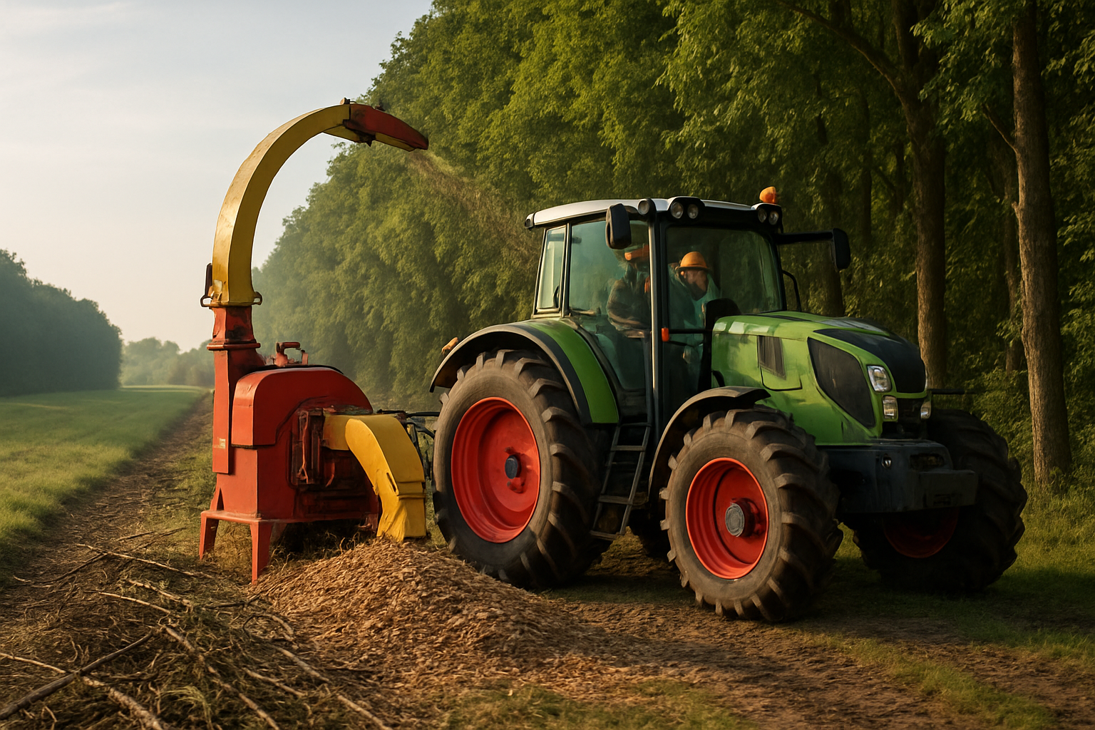 tocător tractat perdele forestiere montat pe tractor tăind o fâșie de protecție
