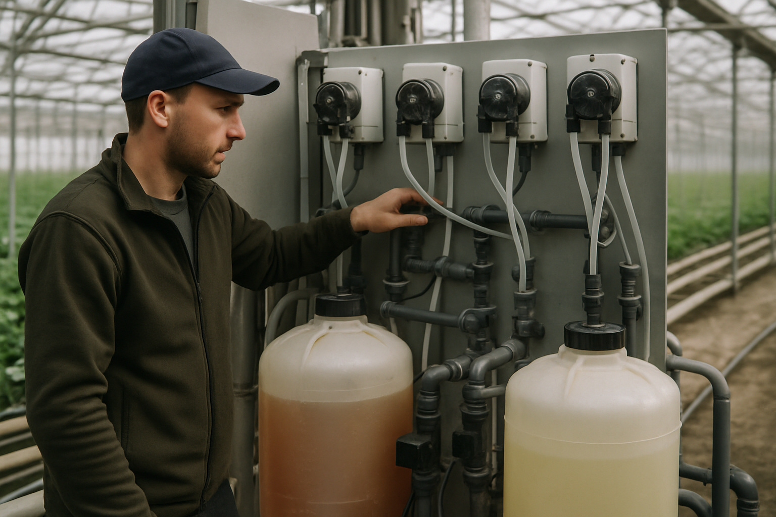 Pompe fertilizare lichidă peristaltice montate într-o seră comercială, echipament de dozare vizibil