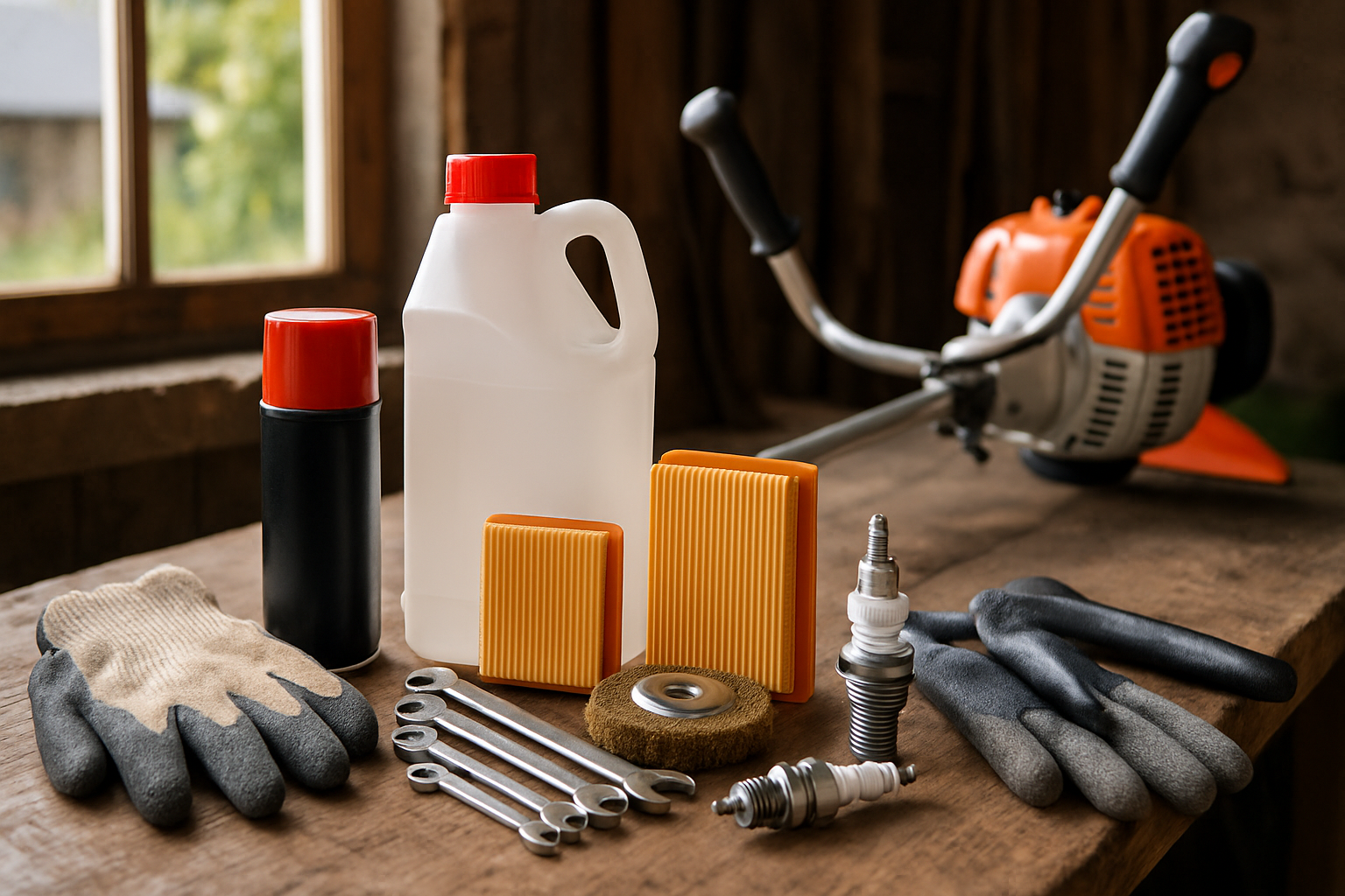 Kit pentru trusă întreținere motocoasă cu piese, unelte și lubrifianți motocoasă