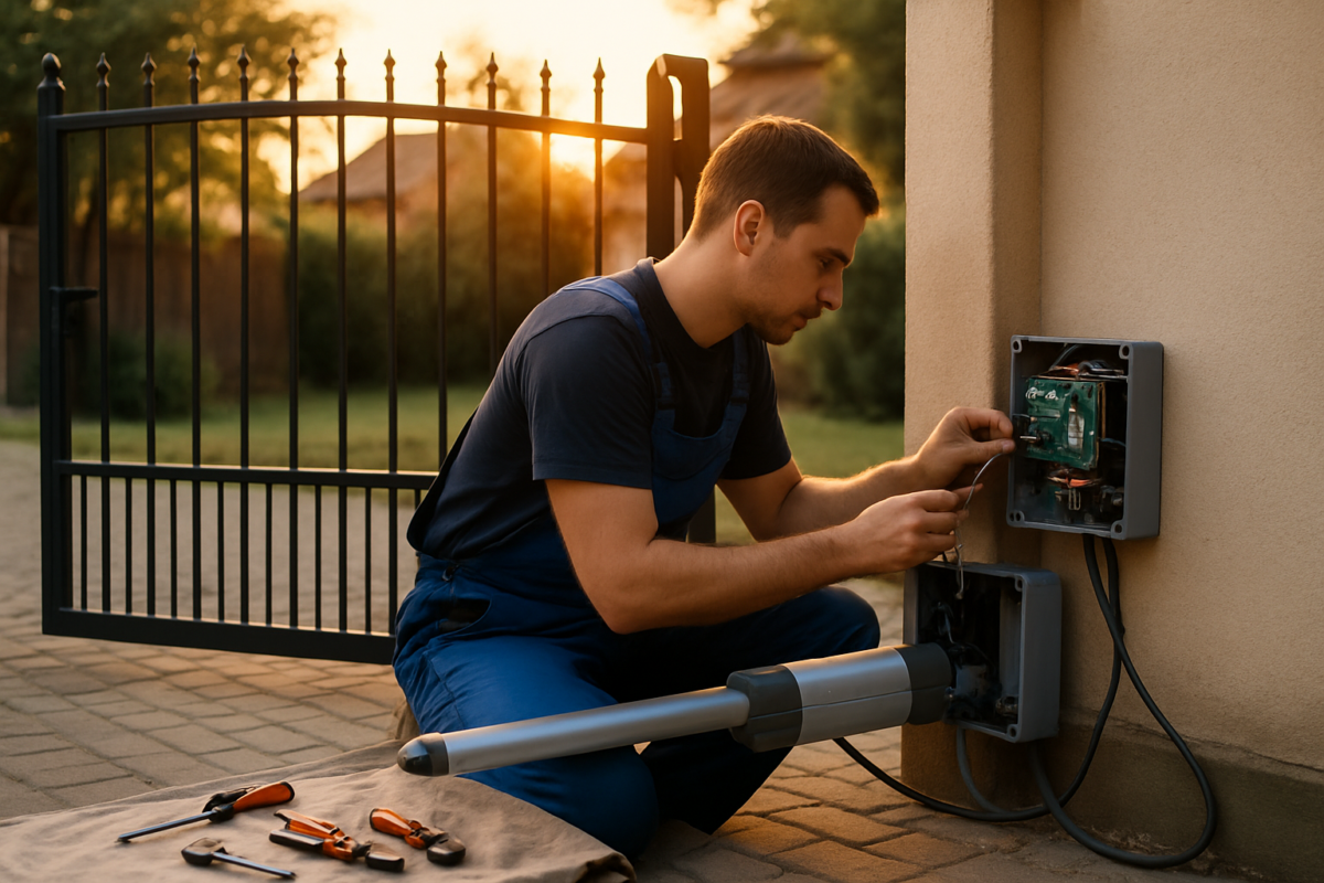 Tehnician instalând componente pentru upgrade automatizare poartă la o poartă batantă
