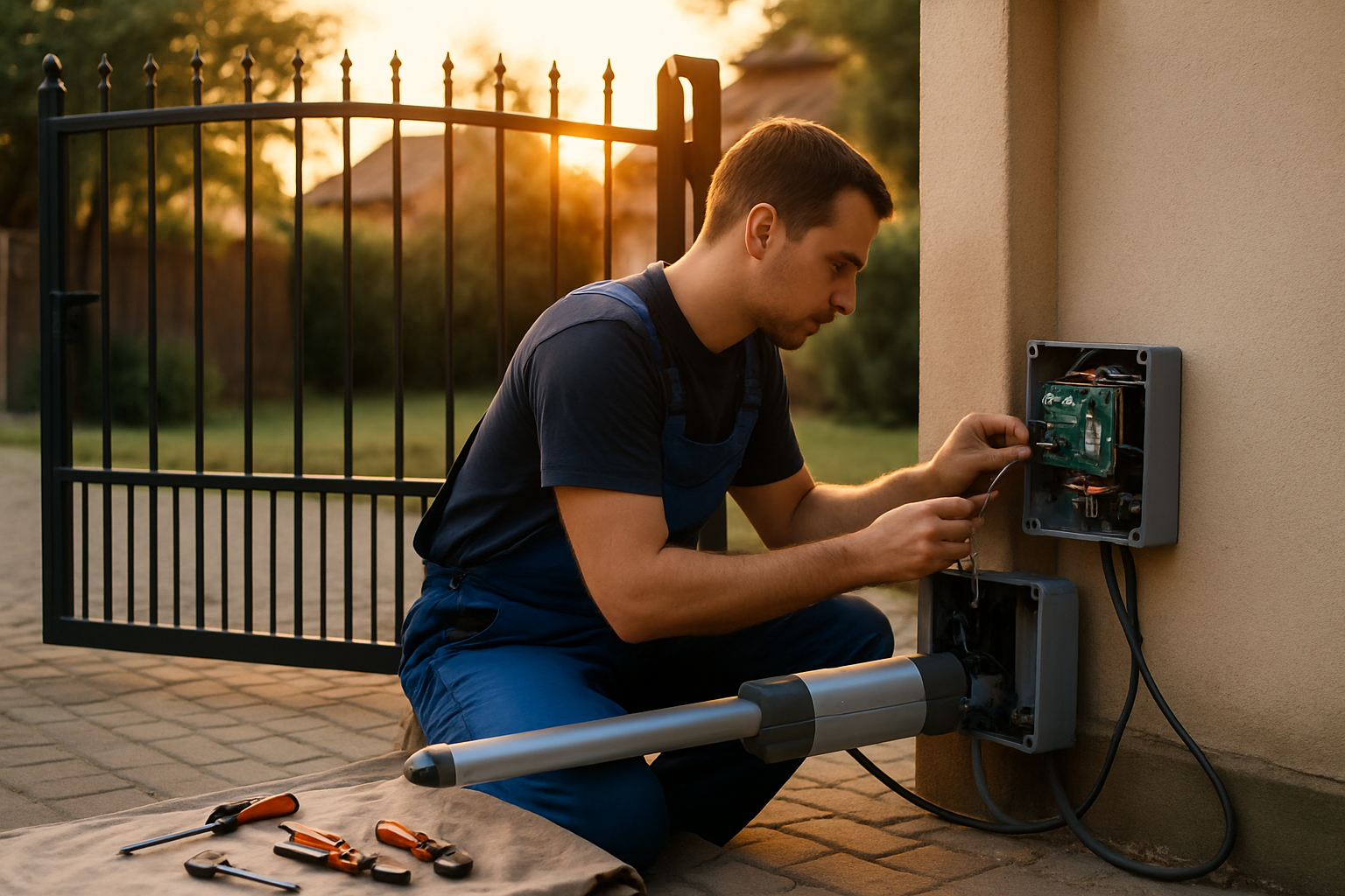 Tehnician instalând componente pentru upgrade automatizare poartă la o poartă batantă