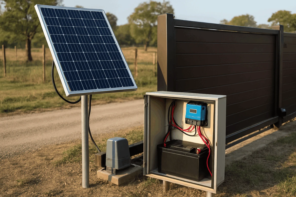 panou solar poartă și baterie poartă automată lângă poarta culisantă pentru upgrade electric porți