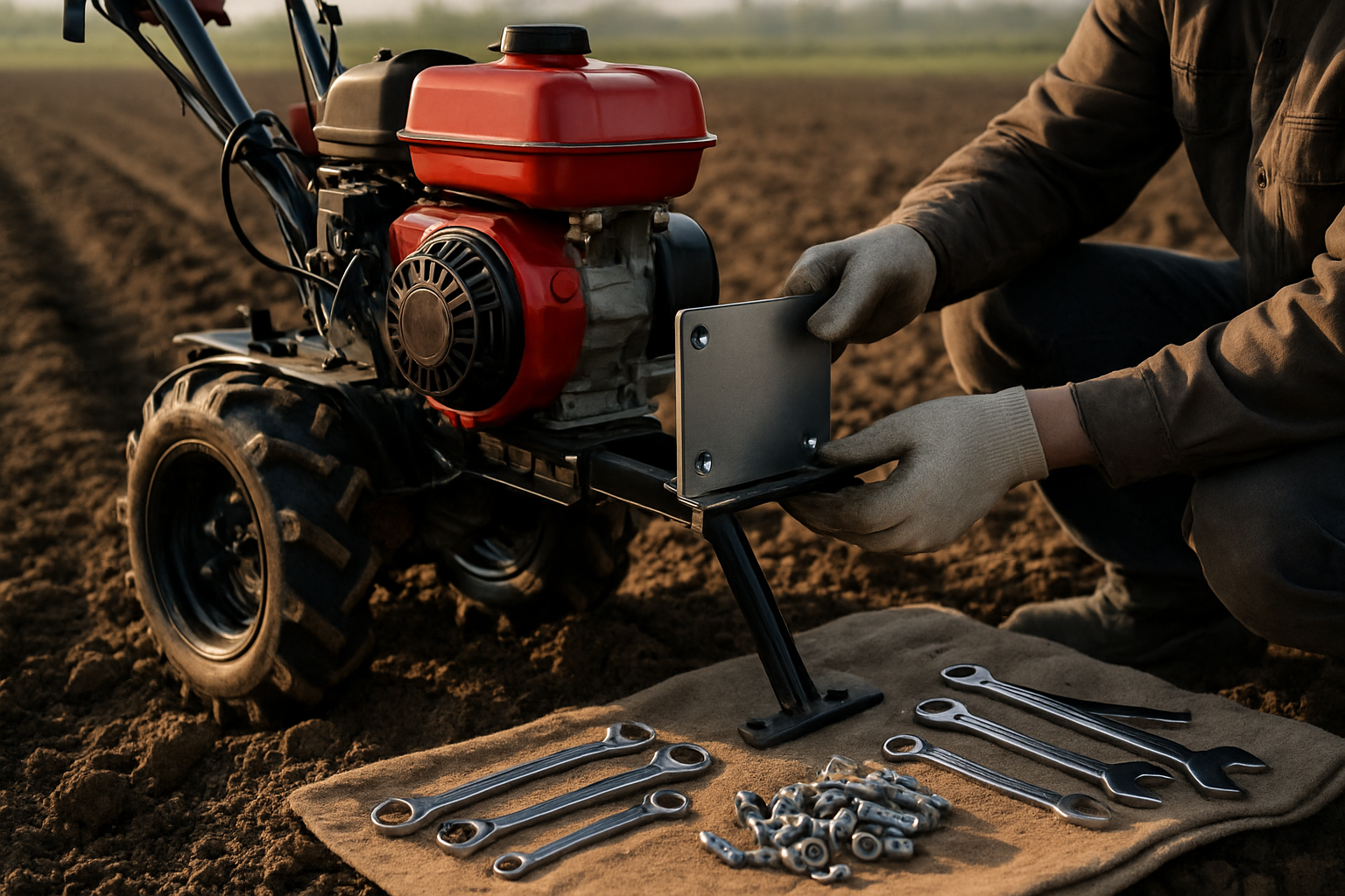 Montaj accesorii motosapă montaj - tehnician fixează o placă și un suport pe o motosapă
