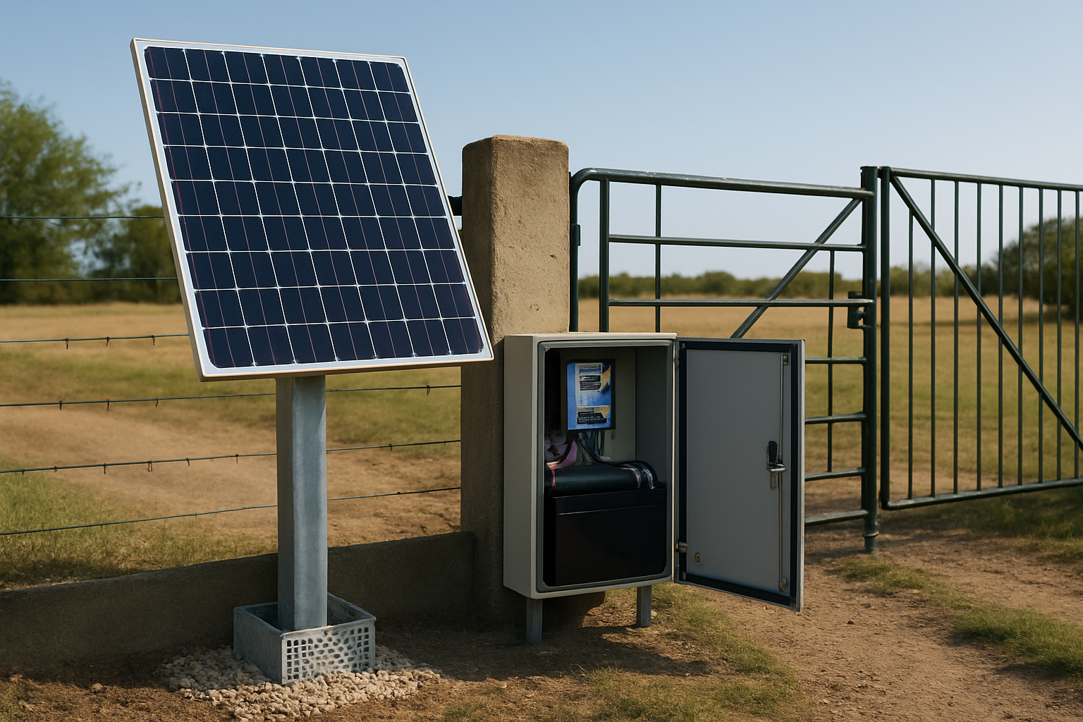 alimentare porti izolate - panou solar si baterie langa poarta batanta