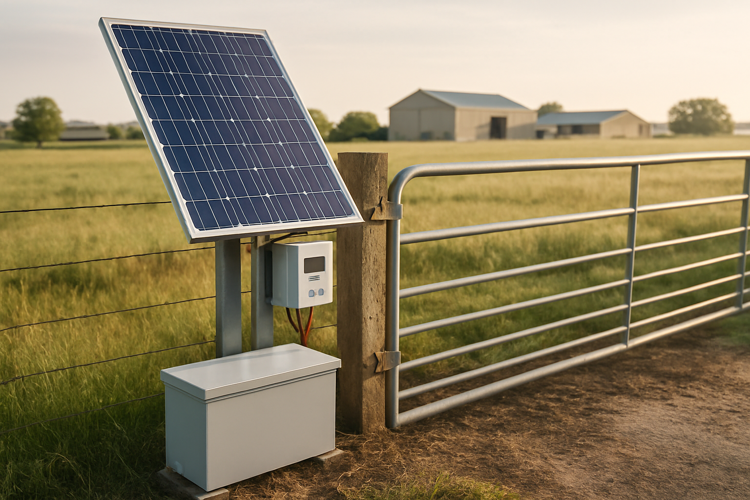 Sistem alimentare redundanta porti cu panou solar, acumulator și controler lângă poartă de fermă