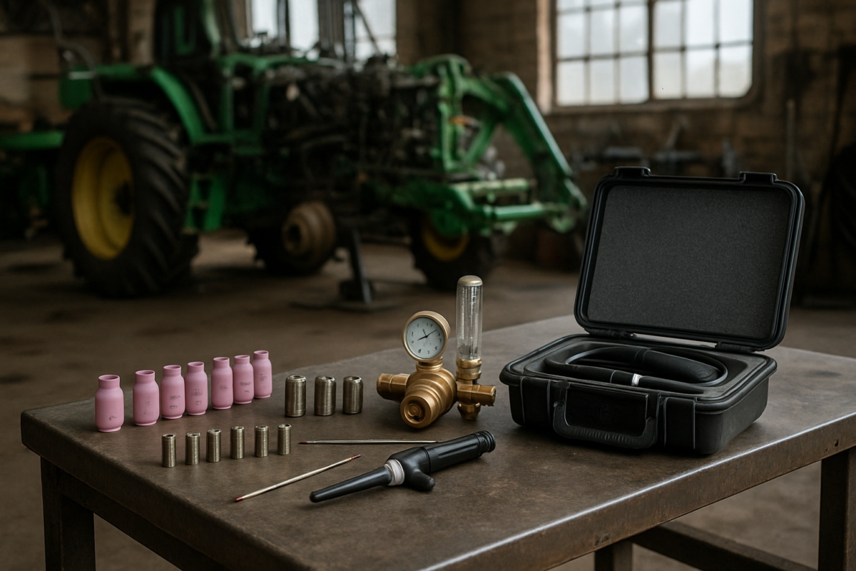 kit pe masă cu consumabile sudură TIG pentru reparații utilaje agricole