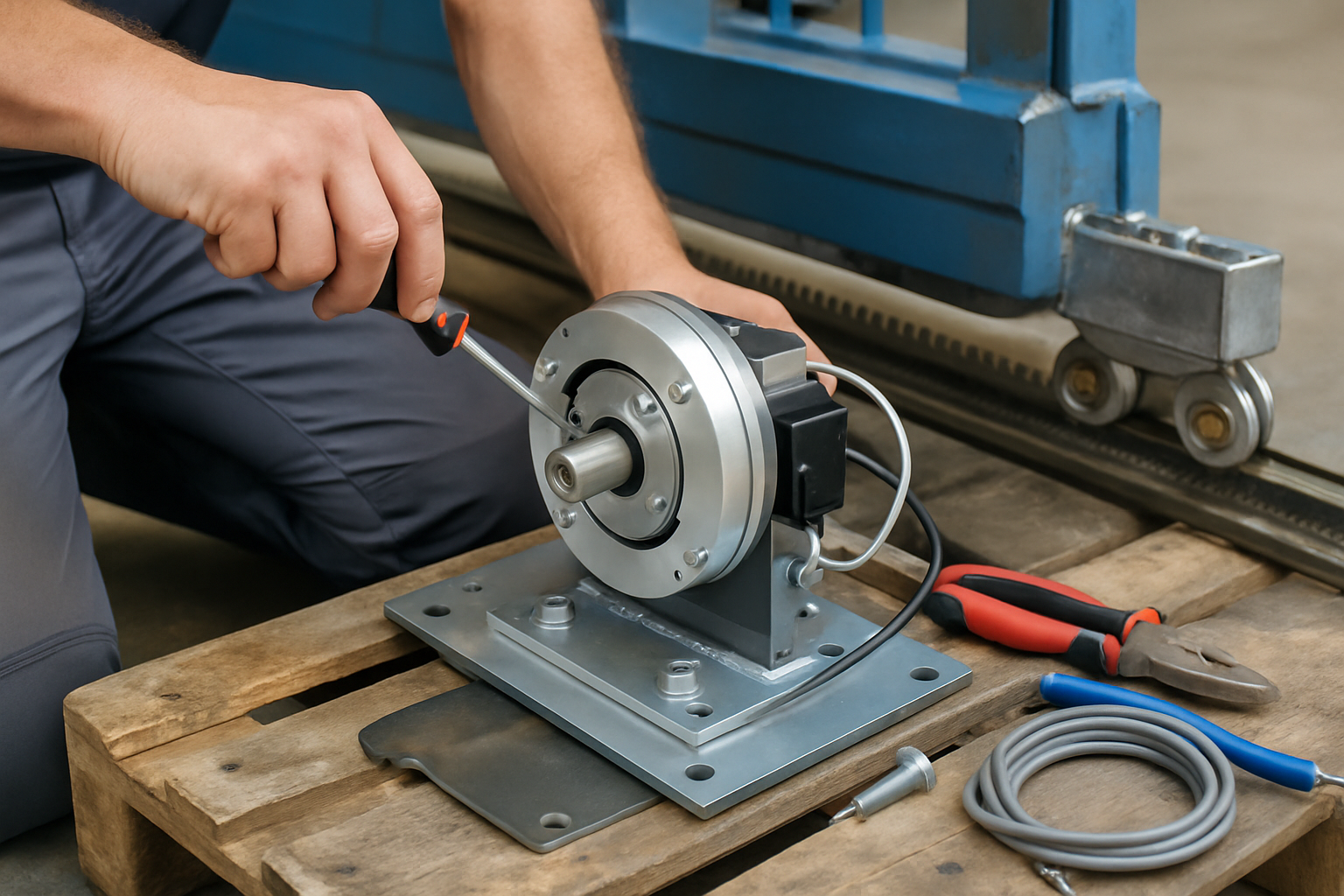 Instalare kit frână electromecanică poartă pe o poartă culisantă industrială, vedere detaliată a componentelor
