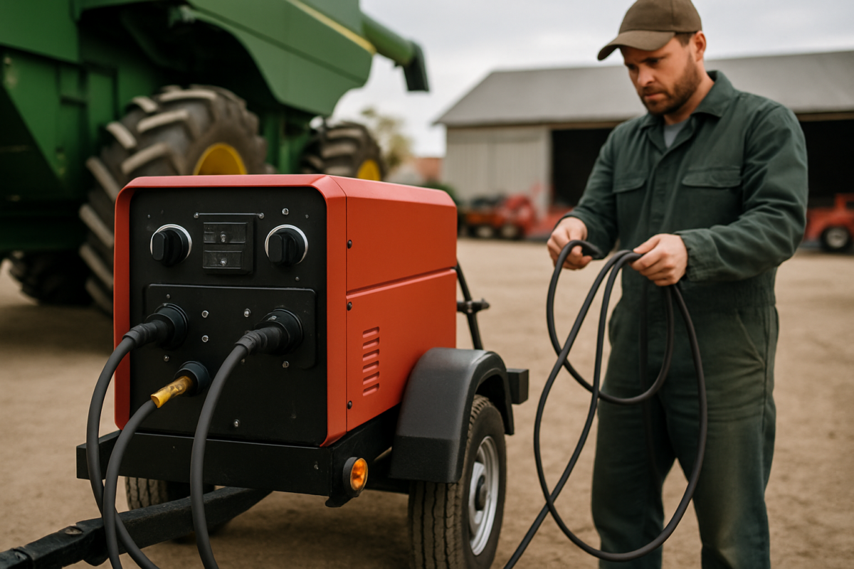 generator sudură mobil montat pe remorcă lângă utilaj agricol - generator sudură mobil