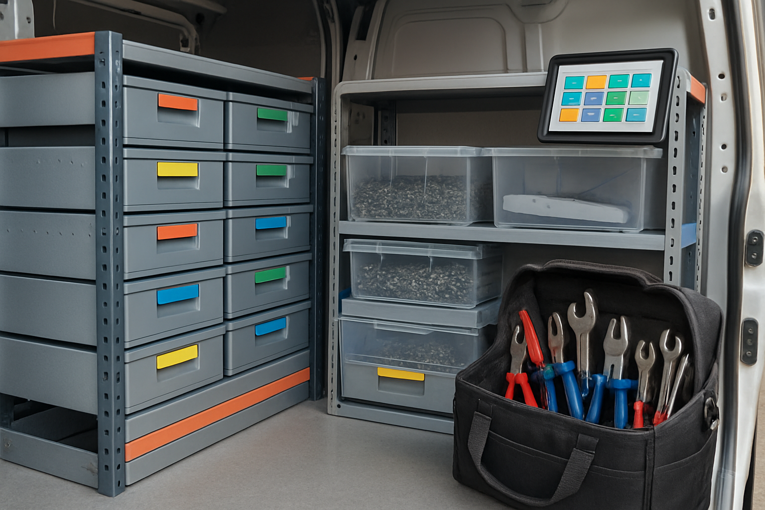 Atelier mobil organizat cu etichete și rafturi pentru gestionare piese drujbă