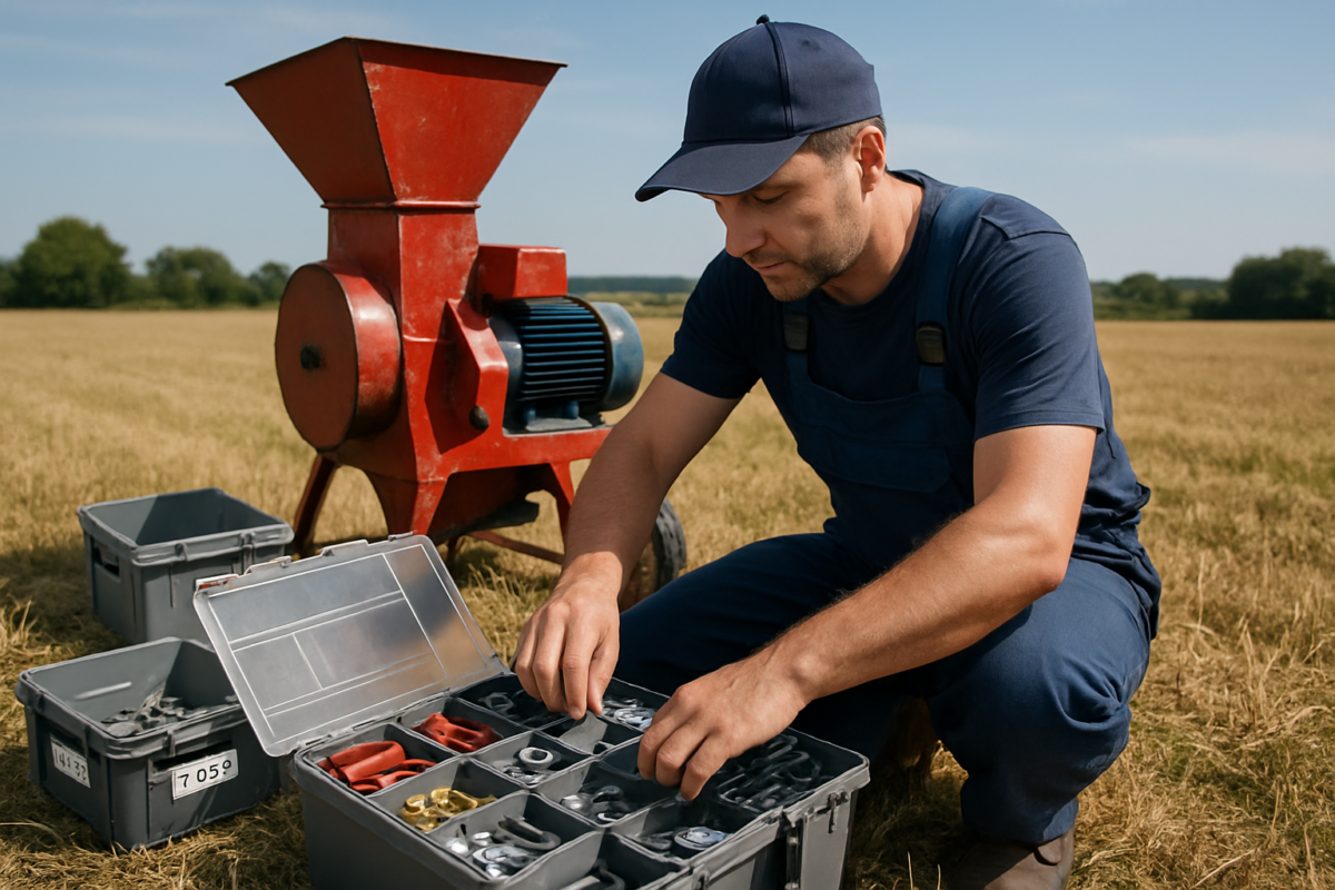 Kit service mori mobil: trusă reparații mori și piese organizate lângă moară