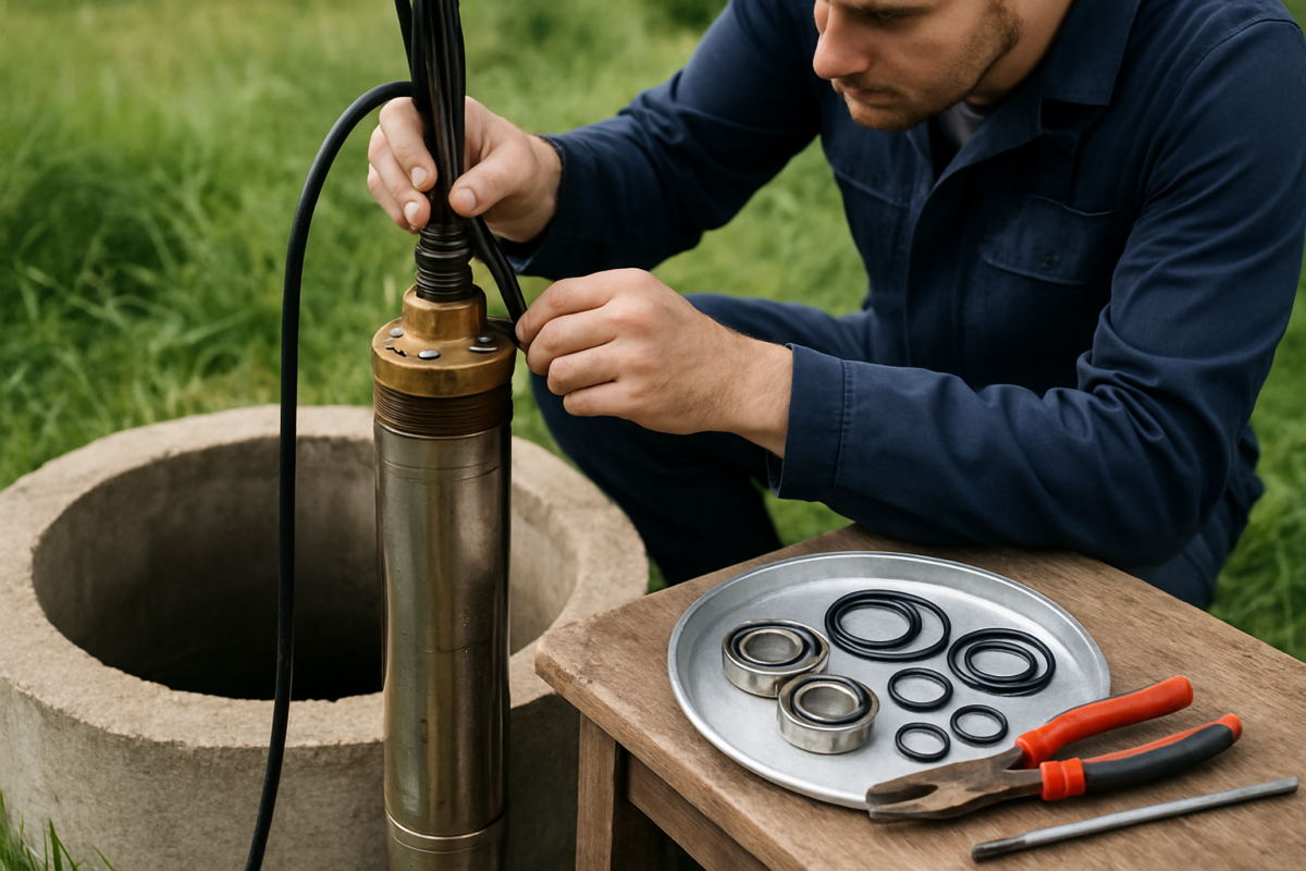 Tehnician inspectând o pompa submersibila - mentenanta pompe submersibile si piese de schimb