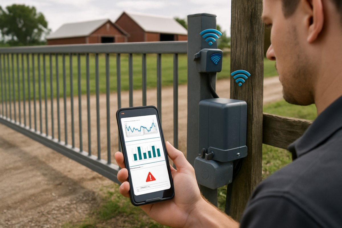 Senzori IoT porți montați pe o poartă culisantă pentru mentenanță predictivă porți
