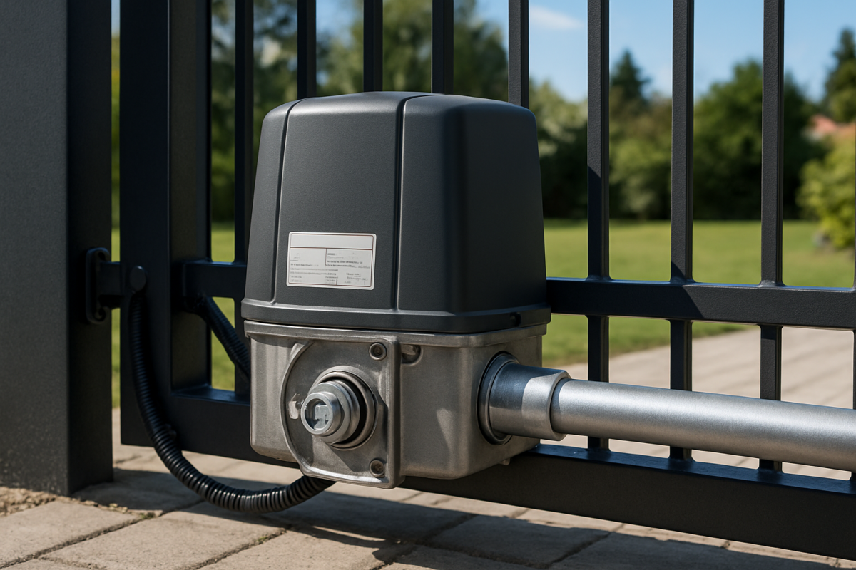 Motor electric poartă montat pe o poartă batantă, evidențiind carcasă și protecții motor exterior