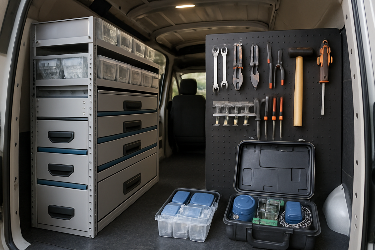 organizare piese atelier mobil - duba service organizata cu rafturi si cutii etichetate