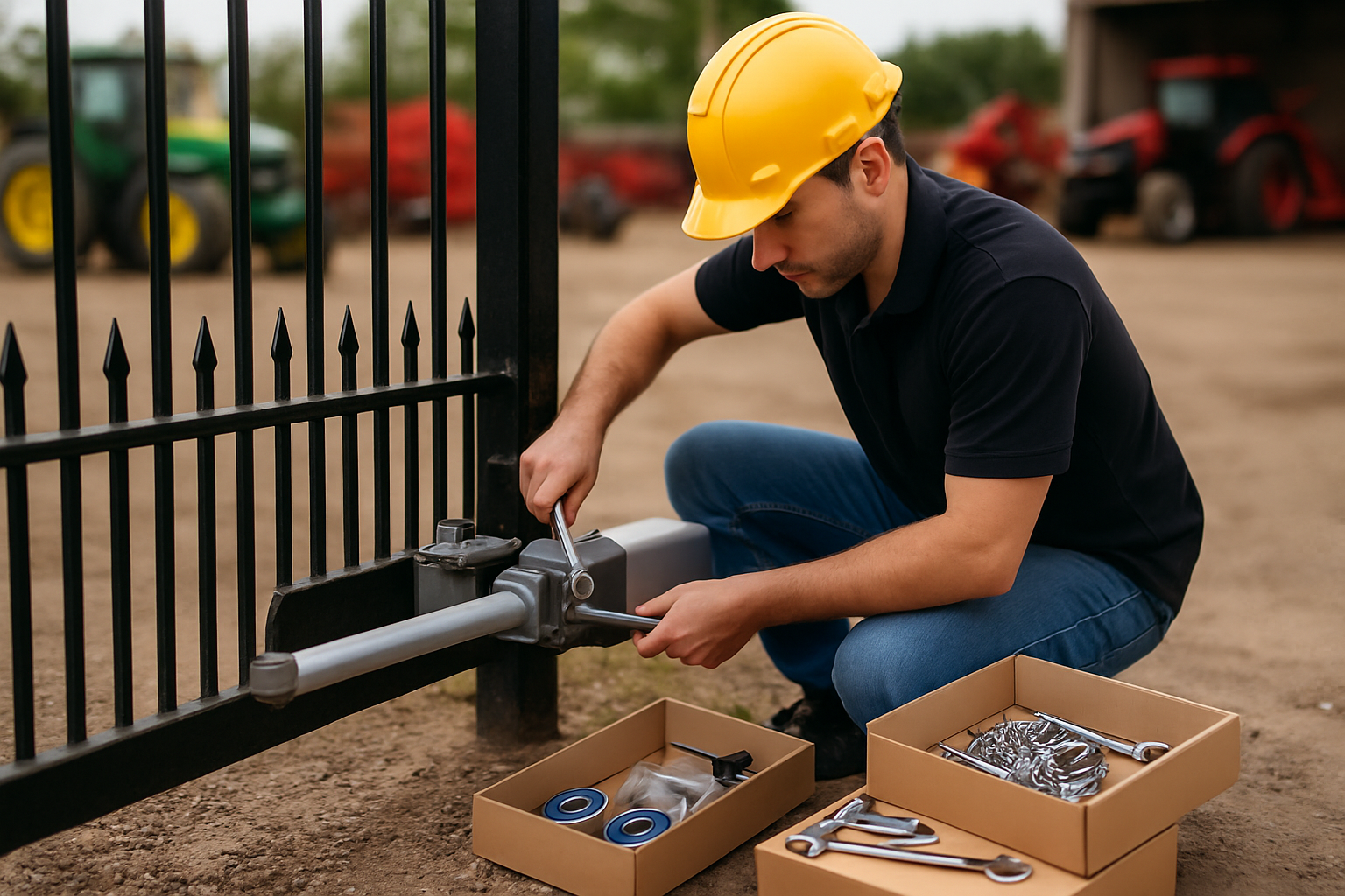 tehnician inspectând piese automatizare poartă batantă la o fermă, cutii cu consumabile poartă fermă