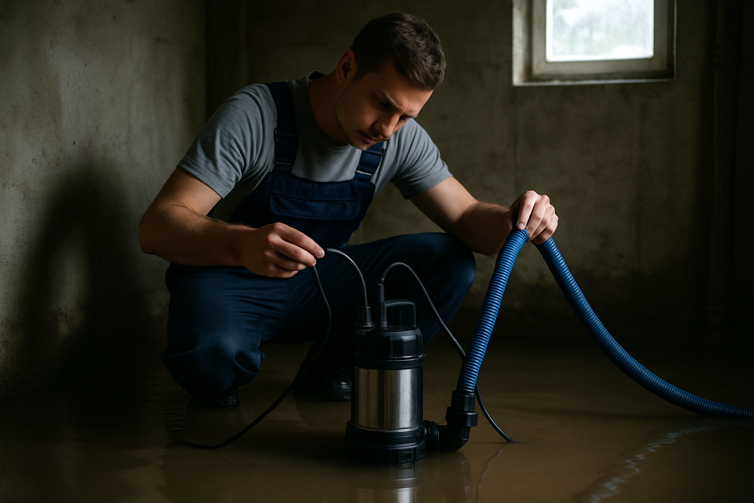Tehnician verificând o pompă drenaj subsol instalată într-un subsol inundat