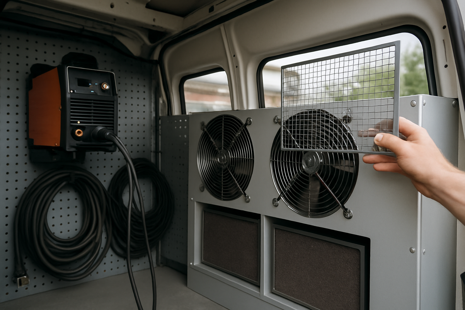kit ventilație mobil pentru răcire invertor sudură montat într-un van de service