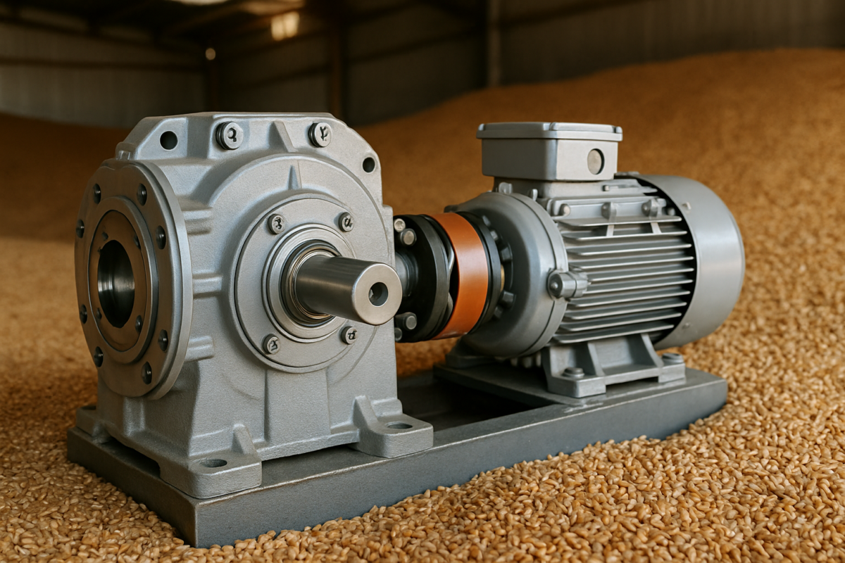 Reductor mori cereale montat pe motor electric cu cuplaj și etanșări