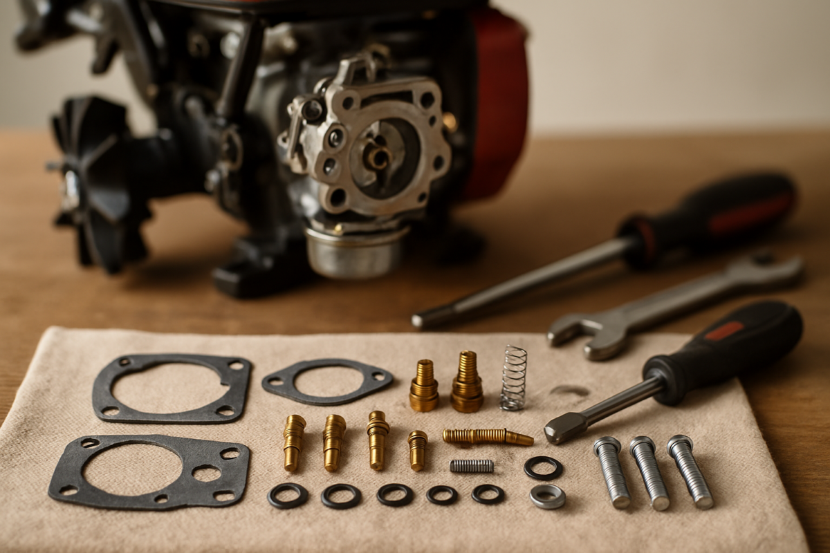 Set piese carburator motosapă desfăcut pe banc de lucru - set piese carburator motosapă