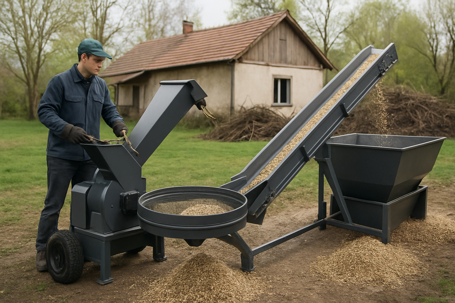 sistem reciclare tocătură cu tocător, sită și transportor pentru biomasă