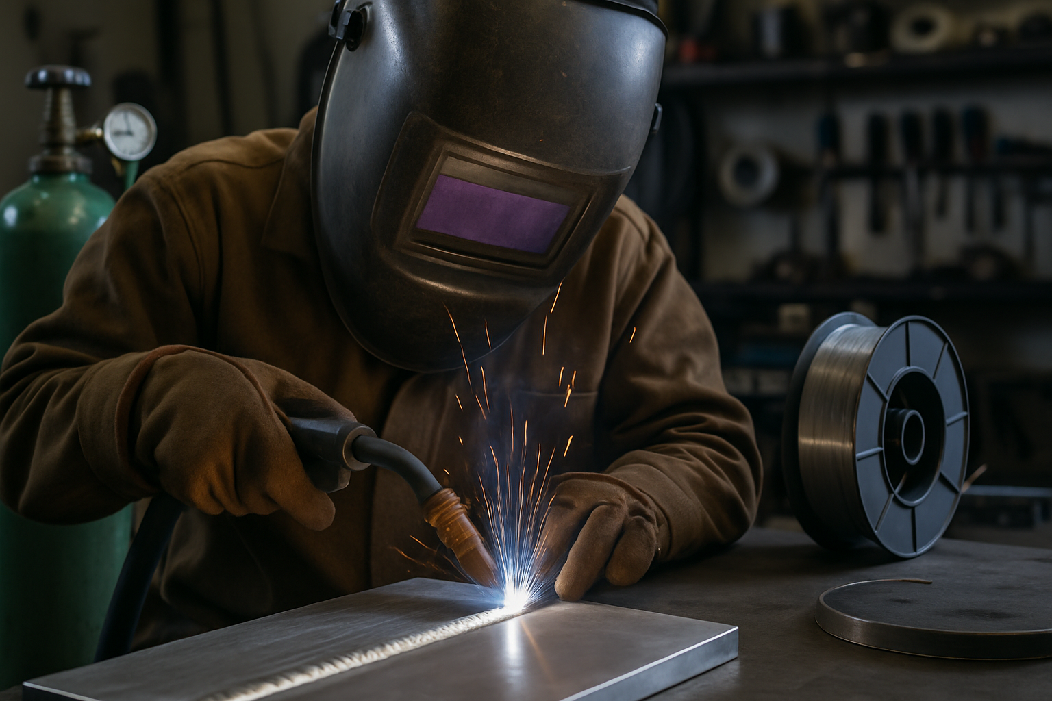 sudură aluminiu MIG flux core - atelier cu pistol MIG și role de consumabile pentru sudură aluminiu