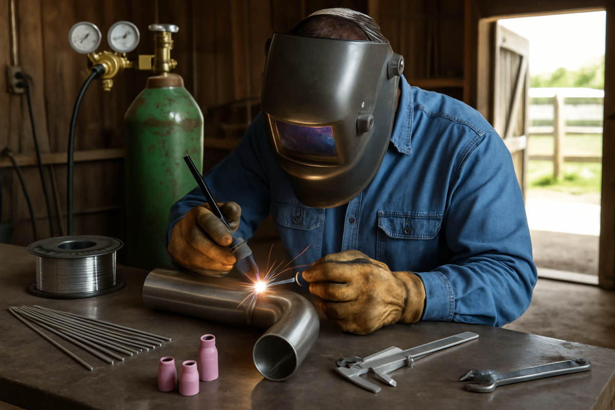 Consumabile pentru sudură inox 304 consumabile pe un banc de lucru într-un atelier de fermă